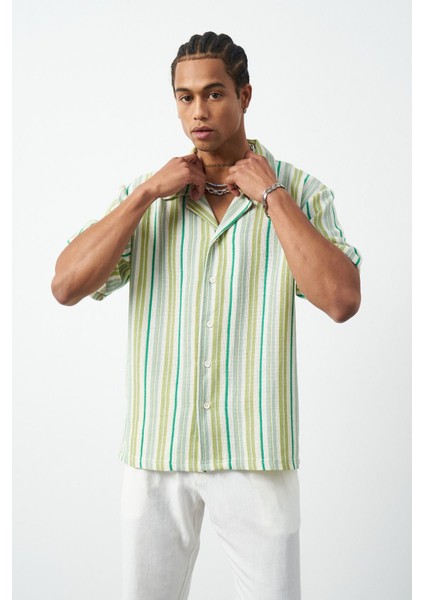 Çizgili Küba Yaka Oversize Erkek Gömlek
