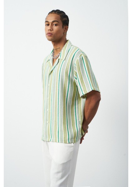 Çizgili Küba Yaka Oversize Erkek Gömlek fırsatları