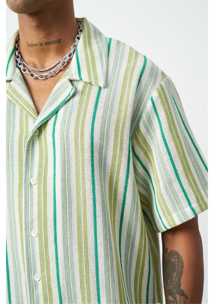 Çizgili Küba Yaka Oversize Erkek Gömlek indirimleri