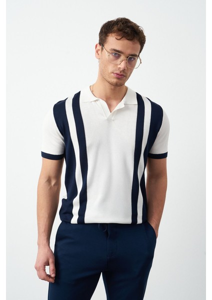 Çizgili Oversize Polo Yaka Triko Erkek T-Shirt
