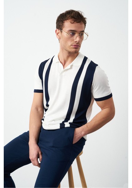 Çizgili Oversize Polo Yaka Triko Erkek T-Shirt