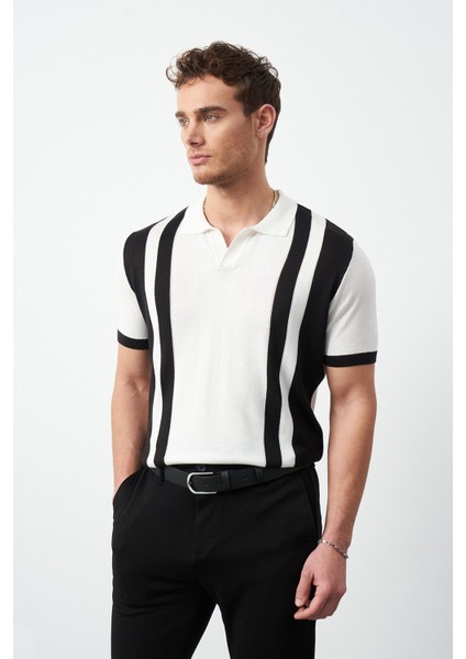 Çizgili Oversize Polo Yaka Triko Erkek T-Shirt