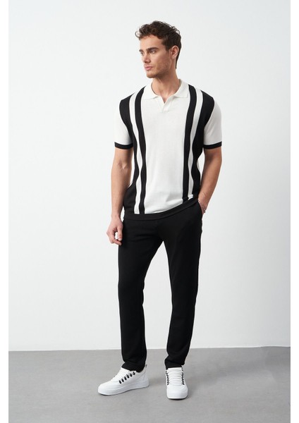Çizgili Oversize Polo Yaka Triko Erkek T-Shirt
