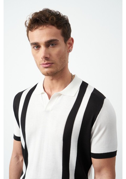Çizgili Oversize Polo Yaka Triko Erkek T-Shirt