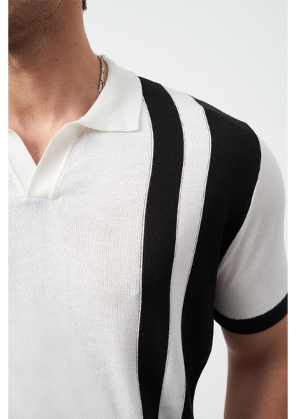 Çizgili Oversize Polo Yaka Triko Erkek T-Shirt