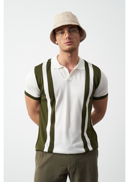 Çizgili Oversize Polo Yaka Triko Erkek T-Shirt