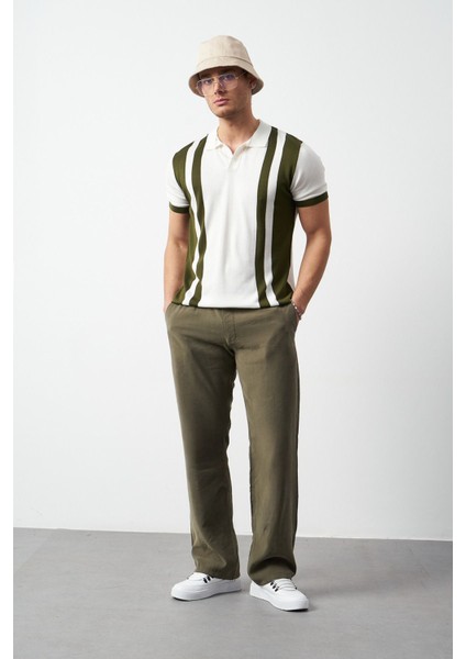 Çizgili Oversize Polo Yaka Triko Erkek T-Shirt