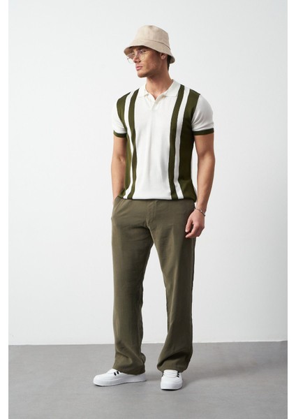 Çizgili Oversize Polo Yaka Triko Erkek T-Shirt
