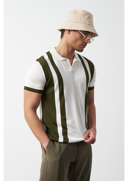 Çizgili Oversize Polo Yaka Triko Erkek T-Shirt