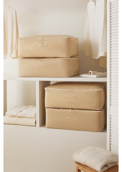4'lü Büyük Boy Bej Pötikare Baza Altı Hurç Set 62 x 46 x 22 cm