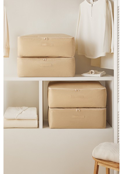 4'lü Büyük Boy Bej Pötikare Baza Altı Hurç Set 62 x 46 x 22 cm