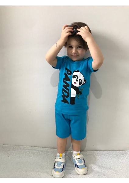Erkek Çocuk Panda Baskılı Yazlık Tişört-Şort Ikili Takım Çocuk Tişört Şort Alt Üst Takım fırsatları