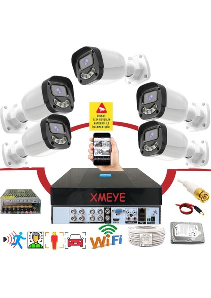 5 Li Araç Yüz ve Insan Tanımalı Hareket Algılayan 5 Mp Lens 4 Warm LED Gece Renkli Gösteren Güvenlik Kamera Seti BS2304W