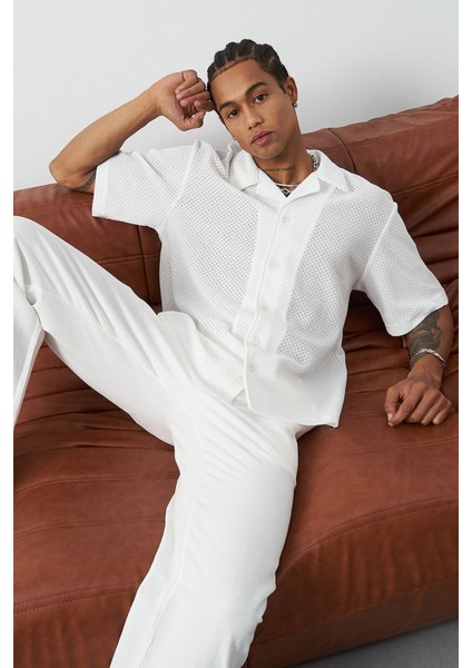 Petek Desenli Oversize Küba Yaka Erkek Gömlek