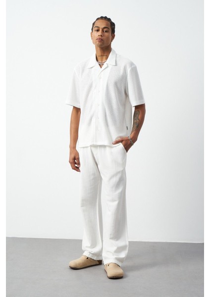 Petek Desenli Oversize Küba Yaka Erkek Gömlek