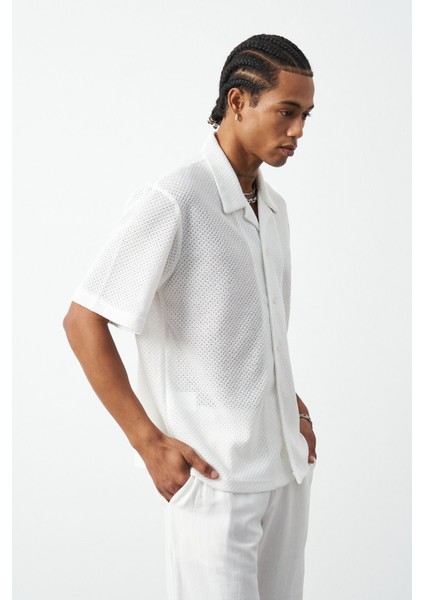Petek Desenli Oversize Küba Yaka Erkek Gömlek