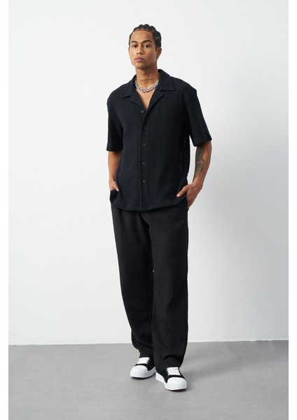 Örgü Desenli Oversize Küba Yaka Erkek Gömlek modelleri