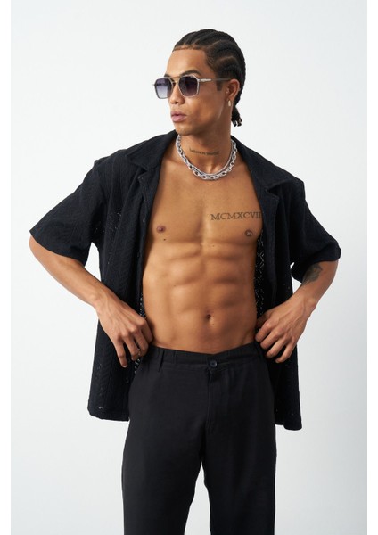 Örgü Desenli Oversize Küba Yaka Erkek Gömlek fırsatları