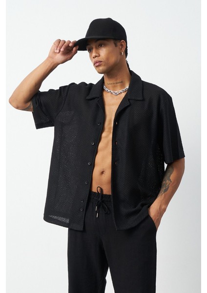 Petek Desenli Oversize Küba Yaka Erkek Gömlek