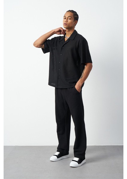 Petek Desenli Oversize Küba Yaka Erkek Gömlek modelleri