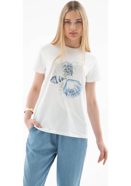 Baskılı %100 Pamuklu Ekru Kadın T-Shirt 25Y0376K1
