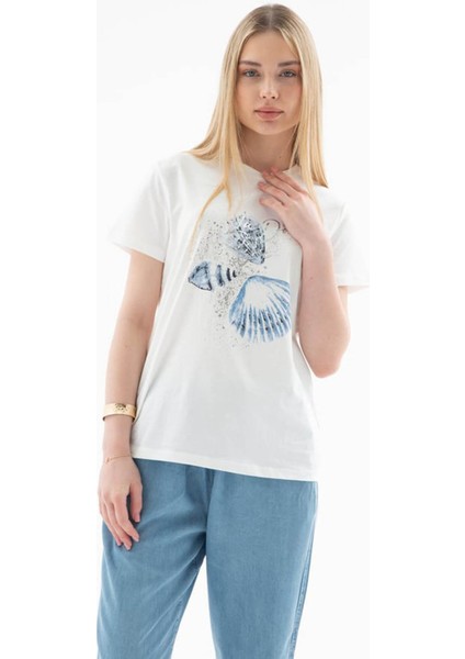 Baskılı %100 Pamuklu Ekru Kadın T-Shirt 25Y0376K1 fiyatları