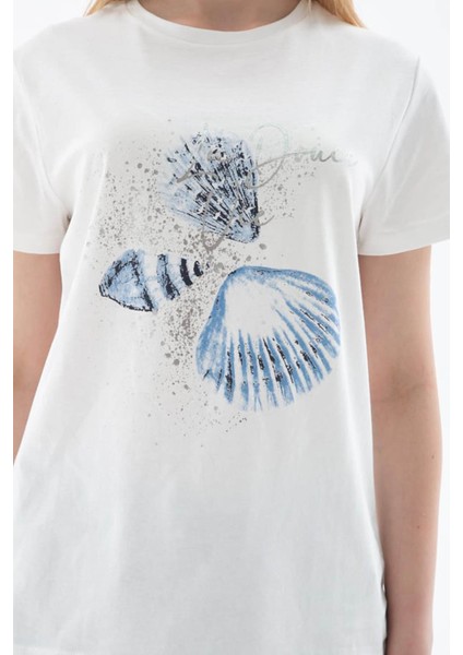 Baskılı %100 Pamuklu Ekru Kadın T-Shirt 25Y0376K1 fırsatları