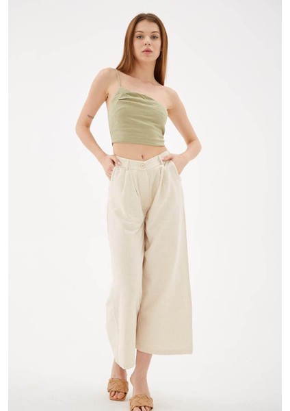 Yüksel Bel Culotte Keten Bej Kadın Pantolon 25Y0341K1