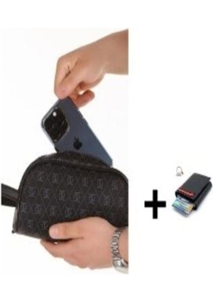 Siyah Suya Dayanıklı Tıraş & Kozmetik El Çantası & Mekanizmalı Kartlık