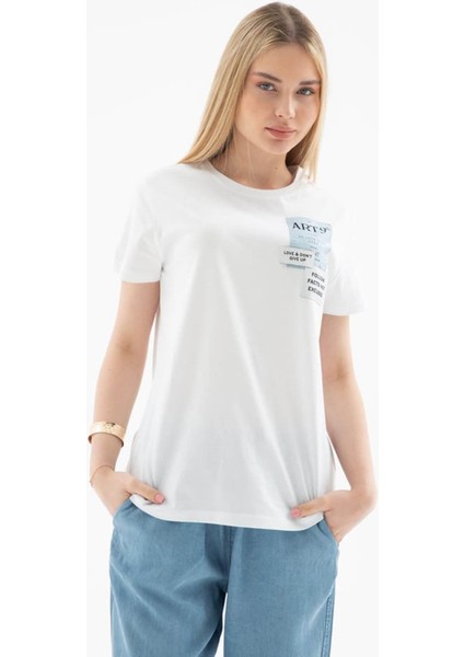 Baskılı %100 Pamuklu Beyaz Kadın T-Shirt 25Y0029K1