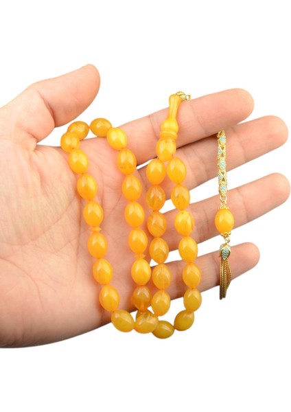 Özel Seri Arpa Kesim Gümüş Püsküllü 12X9 mm Sıkma Kehribar Tesbih