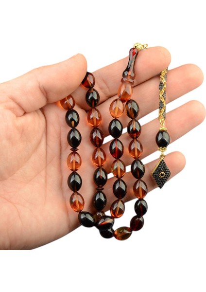 Özel Seri Arpa Kesim Gümüş Püsküllü 12X9 mm Ateş Kehribar Tesbih