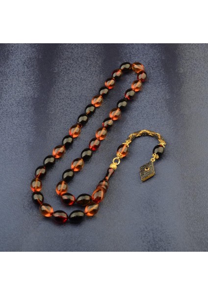 Özel Seri Arpa Kesim Gümüş Püsküllü 12X9 mm Ateş Kehribar Tesbih fiyatları