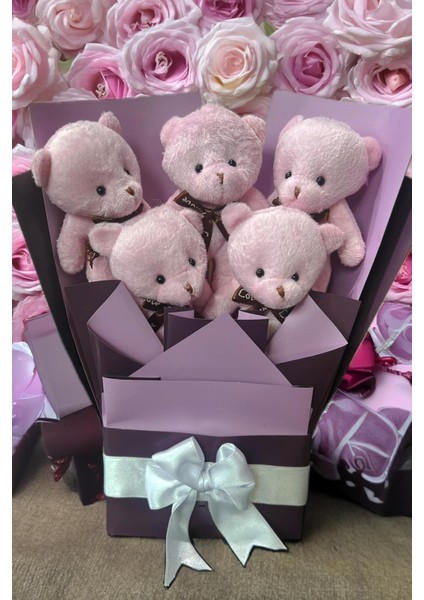 Sevgiliye Özel Pembe - Mor Konsept Romantik Peluş Ayıcık Buketi
