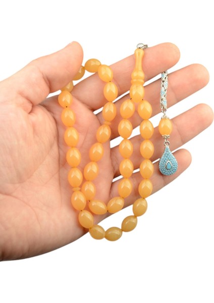 Özel Seri Arpa Kesim Gümüş Püsküllü 12X9 mm Sıkma Kehribar Tesbih