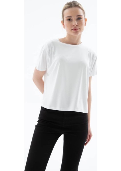 Dökümlü Viskon Ekru Kadın T-Shirt 25Y0512K1