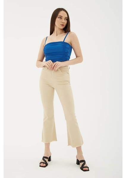 Yüksel Bel Ispanyol Paça Bej Kadın Jean Pantolon 25Y0294K1