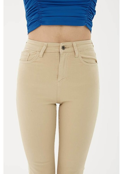 Yüksel Bel Ispanyol Paça Bej Kadın Jean Pantolon 25Y0294K1 fırsatları