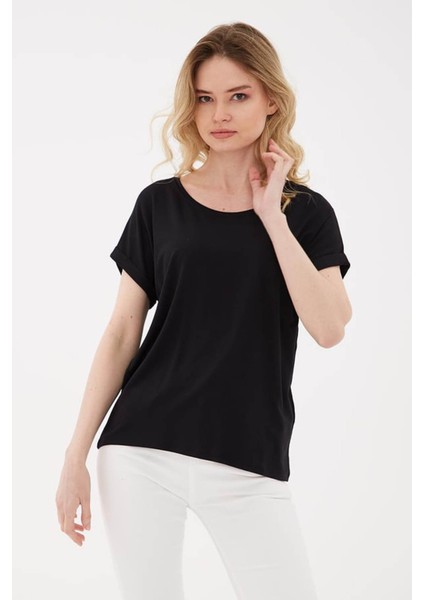 Bisiklet Yaka Dökümlü Viskon Siyah Kadın T-Shirt 25Y0194K1 modelleri