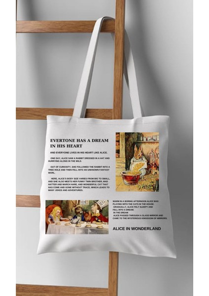 Alice In Wonderland Tasarım Bez Çanta Alışveriş Çantası, Kitap Çantası, Omuz Çantası, Tote Bag