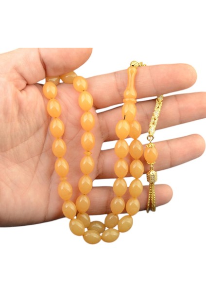 Özel Seri Arpa Kesim Gümüş Püsküllü 12X9 mm Sıkma Kehribar Tesbih