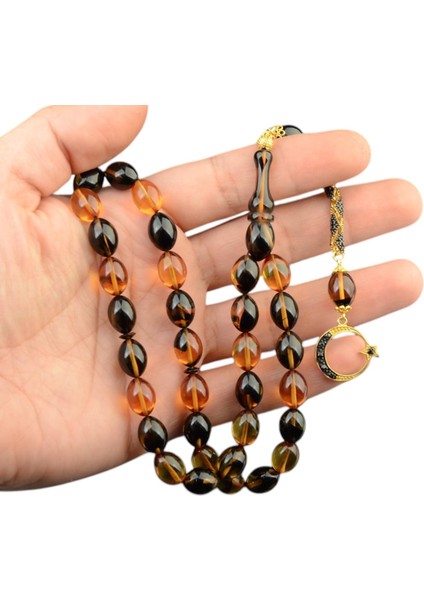 Özel Seri Arpa Kesim Gümüş Püsküllü 12X9 mm Ateş Kehribar Tesbih