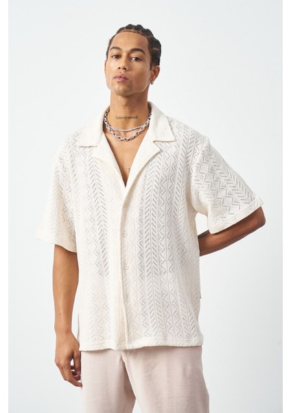 Örgü Desenli Oversize Küba Yaka Erkek Gömlek