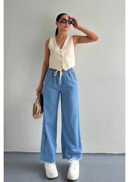 Paçası Püsküllü Straight Fit Mavi Kadın Jean Pantolon 25Y0416K1