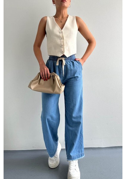 Paçası Püsküllü Straight Fit Mavi Kadın Jean Pantolon 25Y0416K1 modelleri