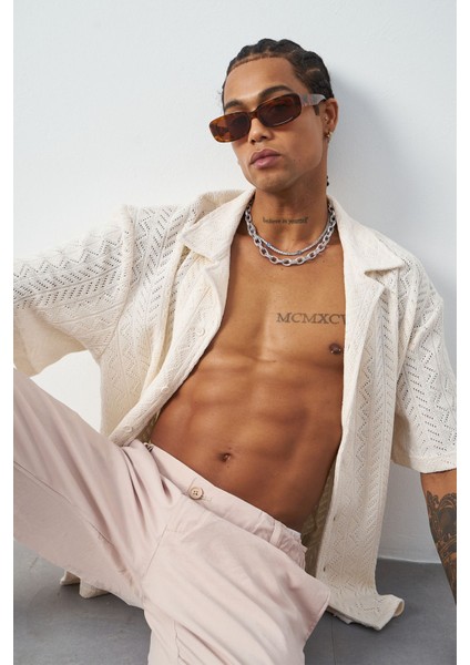 Örgü Desenli Oversize Küba Yaka Erkek Gömlek fırsatları