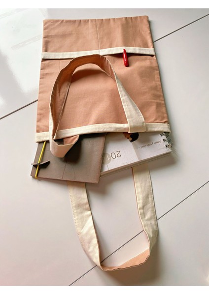 Unisex Camel&bej Pamuklu Kumaş Önden Çift Cepli Bez Çanta