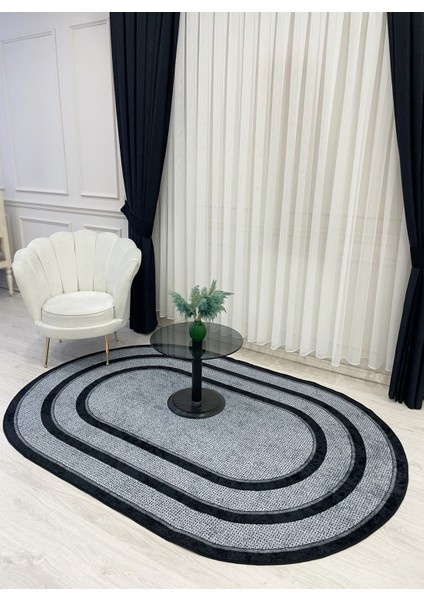 Gri-Siyah Hasır Jüt Sisal Bordürlü Görünümlü Oval Dekoratif Halı
