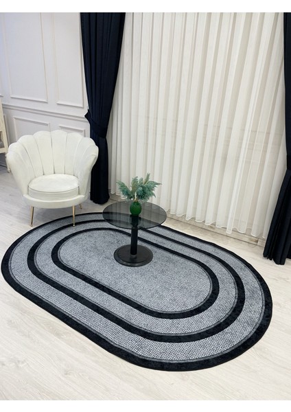 Gri-Siyah Hasır Jüt Sisal Bordürlü Görünümlü Oval Dekoratif Halı modelleri