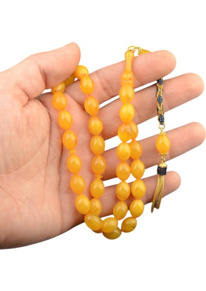 Özel Seri Arpa Kesim Gümüş Püsküllü 12X9 mm Sıkma Kehribar Tesbih